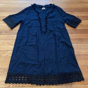 Hinge Navy Tunic Dress Pom Pom Trim Lace Hem Boho Shift Dress XS
